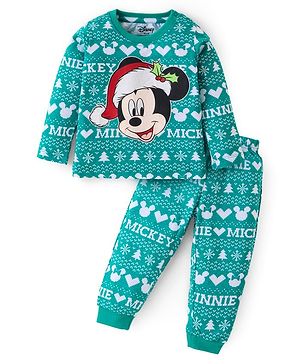 Babyhug Disney Single Jersey Knit Full Sleeves Night Suit With Mickey Mouse Graphics - Green