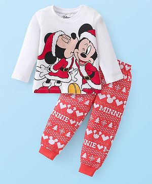 Babyhug Disney Cotton Knit Full Sleeves Night Suit With Mickey & Minnie Mouse Graphics - White & Red