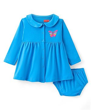 Babyhug Cotton Full Sleeves Peter Pan Collar Neck Frock with Bloomer Butterfly Print - Blue