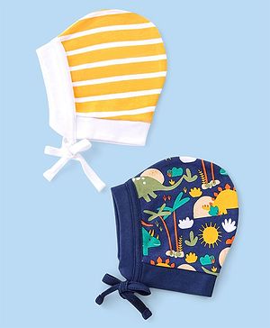 Babyhug 100% Cotton Knit Striped & Dino Printed Caps with Knot Pack of 2 - Navy Blue & Yellow