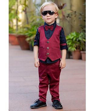 BAD BOYS Full Sleeves Solid Shirt With Waiscoat Pant & Bow - Maroon