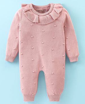 ToffyHouse Cotton Knit Full Sleeves Romper with Frill Detailed Neck - Pink