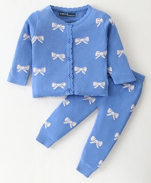 ToffyHouse Cotton Knitted Full Sleeves Front Open Winter Wear Co-Ord Set With Bows Print - Blue