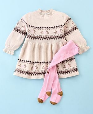 ToffyHouse Knitted Full Sleeves High Neck Winter Wear Frock with Stockings & Chevron Design - Beige