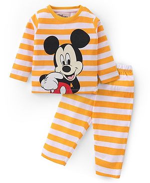 Babyhug Disney Cotton Single Jersey Knit Full Sleeves Night Suit Mickey Mouse Print- Yellow