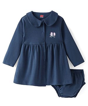 Babyhug Cotton Full Sleeves Peter Pan Collar Neck Frock with Bloomer & Bird Print - Navy Blue
