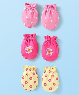 Babyhug Interlock Knit Mittens With Polka Dot & Floral Print Pack of 3 - Pink Yellow & Dark Pink