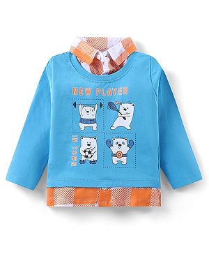 Babyhug Cotton Knit Full Sleeves Overlapped T-Shirt with Bear Print - Blue & Orange
