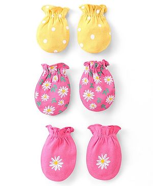 Babyhug Interlock Knit Mittens With Floral & Polka Dot Print Pack of 3 - Yellow & Pink