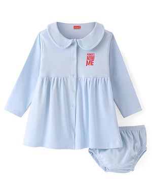 Babyhug Cotton Full Sleeves Peter Pan Collar Neck Frock with Bloomer & Text Print - Light Blue