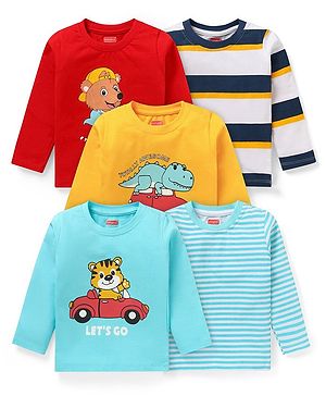 Babyhug Cotton Knit Full Sleeves Striped & Animal Printed T-Shirts Pack of 5 - Red Blue & Yellow