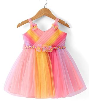 Babyhug Woven Singlet Sleeves Mesh Panelled Party Frock with Pleats & Floral Detailing - Multicolour
