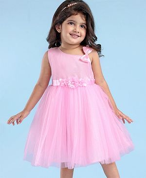 Babyhug Woven Sleeveless Fit & Flared Shimmered Party Frock with Floral Applique & Bow Detailing - Pink