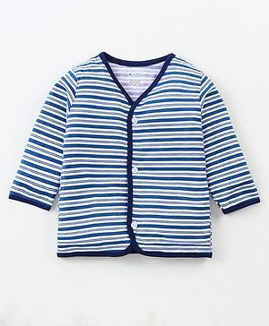 OHMS Single Jersey  Knit Full Sleeves Front Open Vest with Stripes - Blue