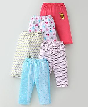 OHMS Single Jersey Knit Full Length Lounge Pants Heart & Polka Dots Print Pack of 5 - Pink Blue & White