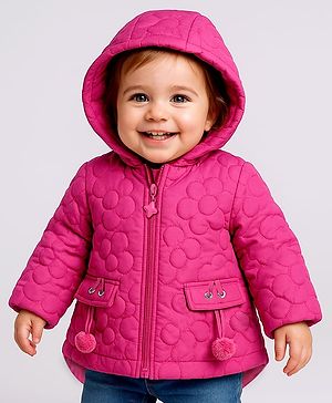 Babyoye Woven Full Sleeves Padded Hooded Jacket with Floral Quilted Design - Dark Pink