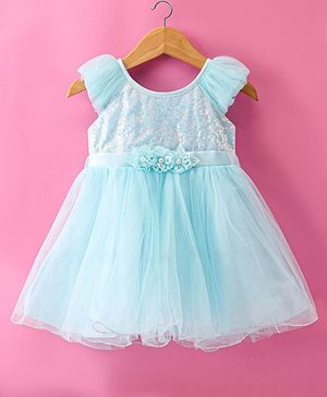 Babyhug Woven Sleeveless Dress With Sequinned Yoke & Floral Applique - Light Blue
