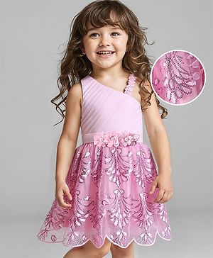Babyhug Woven Sleeveless Party Wear Fit & Flare Dress with Sequinned Floral Embellishments  - Light Pink