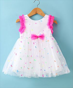 Babyhug Woven Sleeveless Fit & Flared Party Frock with 3D Butterfly Applique - White