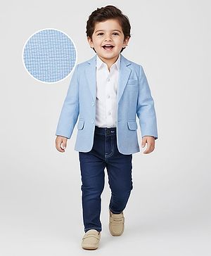 Babyhug Woven Full Sleeves Solid Party Shirt & Jeans Set With Blazer - Light Blue
