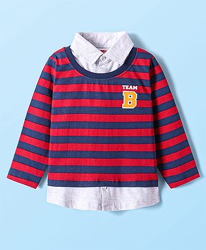 Babyhug Cotton Knit Full Sleeves Striped Polo T-Shirt With Text Print & Overlapped Design - Red