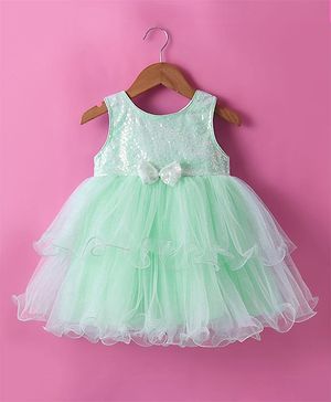 Babyhug Woven Sleeveless Fit and Flare Mesh Party Frock with Sequinned Detailing & Bow Applique -Mint