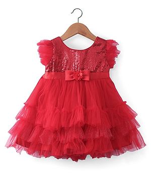 Babyhug Woven Frill Sleeves Fit & Flared Layered Mesh Party Frock with Sequined Yoke Detailing & Bow Applique - Red