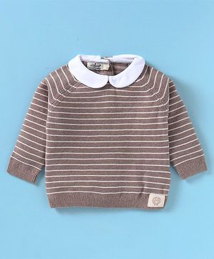 Ollypop Knit Full Raglan  Sleeves Pullover Sweater with Stripes - Melange Brown