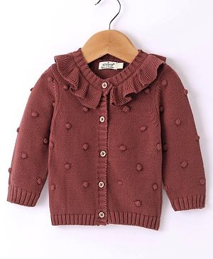 Ollypop Cotton Knit Full Sleeves Front Open Sweater with Frill Detailing - Dark Brown