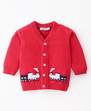 Ollypop Cotton Front Open Full Sleeves Sweater Train Design - Maroon