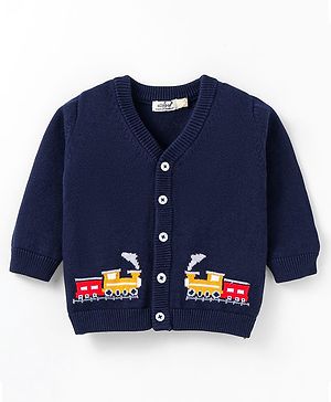 Ollypop Cotton Front Open Full Sleeves Sweater Train Design - Navy Blue