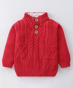 Ollypop Cotton Knit Full Sleeves Pullover Sweater with Cable Knit Design - Red