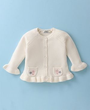 Ollypop Cotton Knit Front Open Full Sleeves Sweater with Frill Detailing &  Floral Design - White