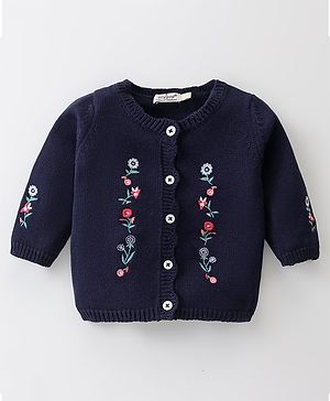 Ollypop Knit Full Sleeves Front Open Sweater with Floral Design - Navy Blue