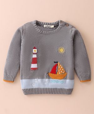 Ollypop Knit Full Sleeves Pullover Sweater with Boat Design - Melange Grey