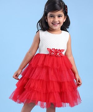 Babyhug Woven Sleeveless Fit & Flared Textured   Party Layered  Frock with Floral Applique - Red & White