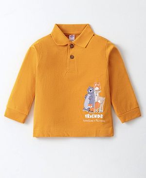 Zero Sinker Single Jersey Full Sleeves Polo T-Shirt with Animal Print - Mustard