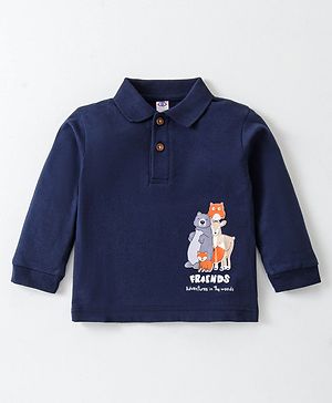 Zero Sinker Single Jersey Full Sleeves Polo T-Shirt with Animal Print -  Navy