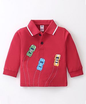 Zero Sinker Knit Full Sleeves Polo T-Shirt with Car Print - Red