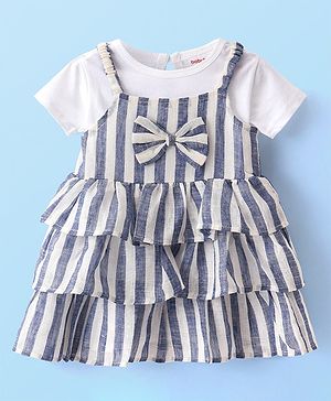 Babyhug Rayon Woven Layered Frock with Half Sleeves Inner T-Shirt Striped & Bow Applique - Blue