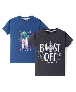 Dapper Dudes Pack Of 2 Half Sleeves Space & Beach Theme Printed Tees - Dark Grey & Royal Blue