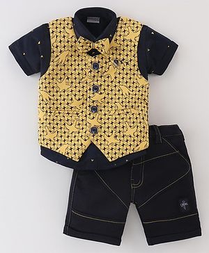 Dapper Dudes Abstract Printed Waistcoat With Half Sleeves Shirt Shorts & Bow Set - Yellow