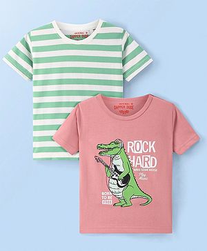Dapper Dudes Pack Of 2 Half Sleeves Striped & Rock Hard Text Printed Tees - Green & Pink