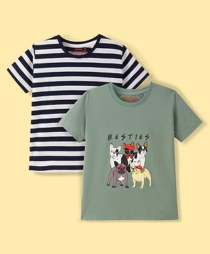 Dapper Dudes Pack Of 2 Half Sleeves Striped & Besties Text Printed Tees - Navy & Pista Green