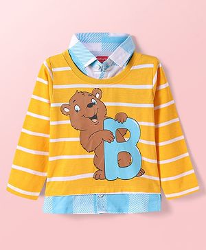 Babyhug Cotton Knit Full Sleeves Polo Overlapped T-Shirt with Stripes & Bear Print - Yellow