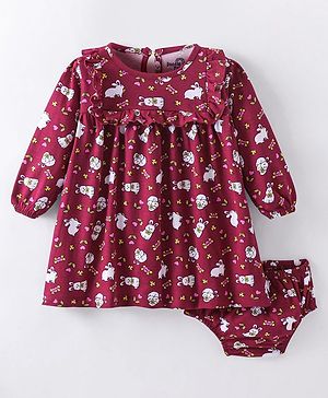 Doodle Poodle Single Jersey Knit Full Sleeves Frill Detailed Bunny Printed Frock With Bloomer - Wine