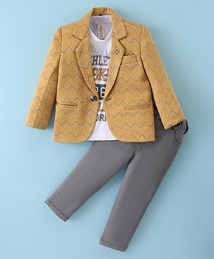 Dapper Dudes Full Sleeves Abstract  Printed Blazer With typography Printed Tee & Pant - Gold