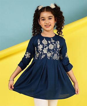 ISHTI Rayon Three Fourth Sleeves Floral Embroidered Top - D Blue