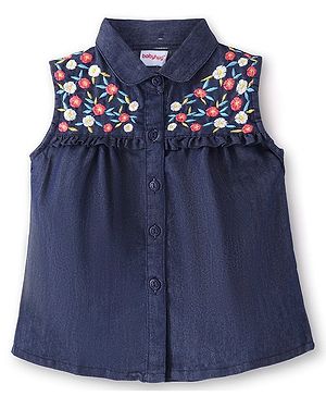 Babyhug Cotton Knit A Line Front Open Sleeveless Woven Top with Floral Embroidery - Navy Blue