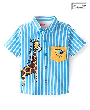 Babyhug Cotton Knit  Half Sleeves Striped Shirt with Giraffe Print - Blue